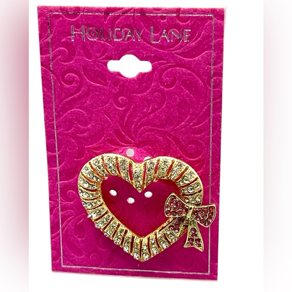 Gold and Pink Heart Brooch with Bow - Picture 1 of 2